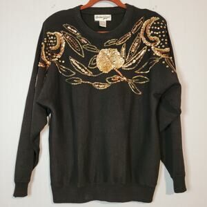 Vintage ramie cotton blend floral sequined sweater size S black gold 90s 80s